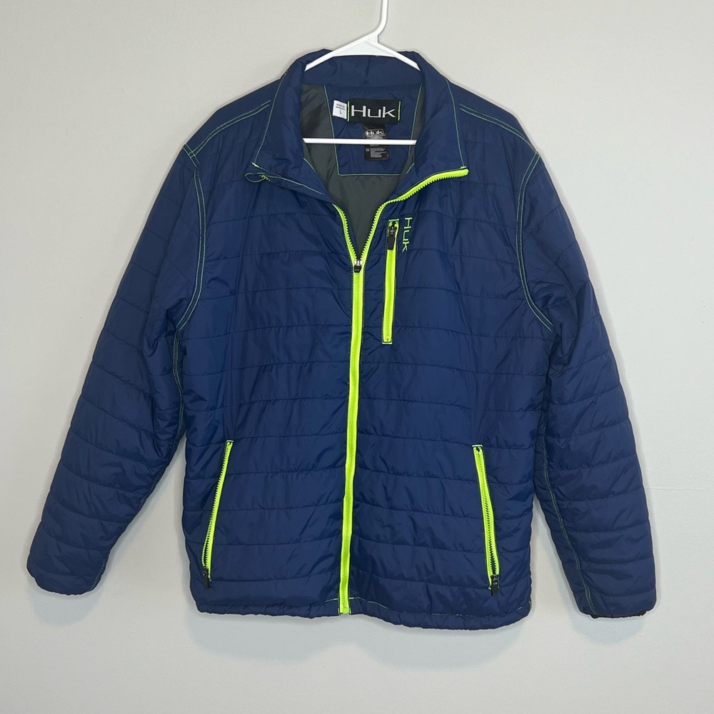 Huk Fishing Men’s Blue Lime Green Puffer Jacket Lightweight Zipper Pocket Large